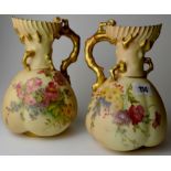 PAIR OF FINE 8½" ROYAL WORCESTER HAND PAINTED JUGS DECORATED WITH SUMMER FLOWERS WITH BRANCH FORM