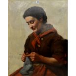 JOHN MCGHIE (1867-1952) 29½" X 23½" GILT FRAMED OIL PAINTING ON CANVAS "FISHER WOMAN KNITTING" BY