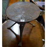 AFRICAN TRIBAL CARVED WOODEN FOLDING TABLE WITH FIGURED SUPPORTS & RHINOCEROS DESIGN TOP