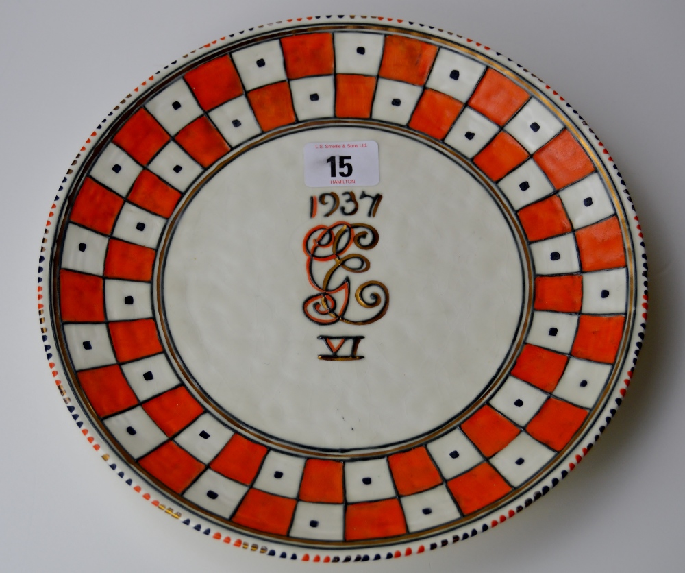 9½" DIAMETER CROWN DUCAL COMMEMORATIVE ROYALTY PLATE - 1937 KING GEORGE VI SIGNED CHARLOTTE RHEAD