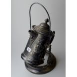 LARGE WHITE METAL HOT WATER POT WITH ORNATE HANDLE & SPOUT ON PIVOT STAND MARKED W.R 700