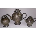 FINE KASHMIR SILVER TEA SERVICE CIRCA 1880. 7" TEAPOT HAS HINGED LID WITH A BASKET WEAVE TOP