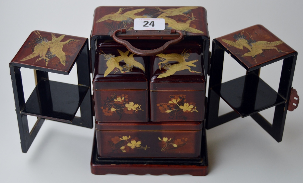 ORIENTAL LACQUERED PAPIER MACHE BOX SET WITH FITTED STAND
