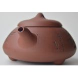 CHINESE YIXING SQUAT FORM TEAPOT & COVER DECORATED WITH CALLIGRAPHY & PRUNUS WITH IMPRESSED SEAL