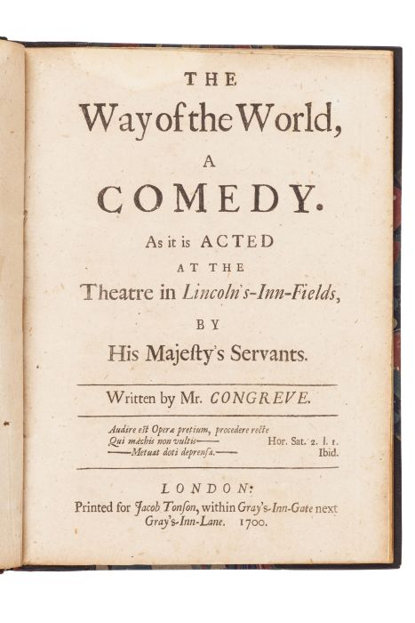 Congreve, William The way of the world, a comedy. London: Jacob Tonson, 1700. First edition, 4to,