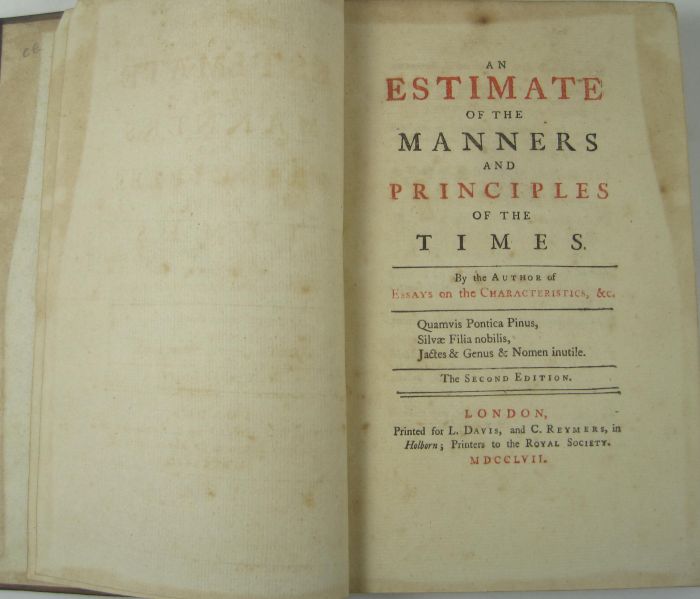 Brown, John An estimate of the manners and principles of the times. London: L. Davis and C. Reymers,