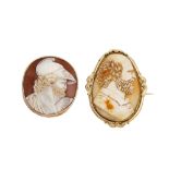 Two mid 19th century shell cameo brooches one depicting a hirsute gentleman, possibly Shakespeare;