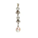 An Edwardian pearl and diamond set pendant of linear form, millegrain set two circular cut