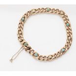 A pearl and turquoise set bracelet composed of curb links, collet set throughout with small circular