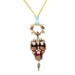 A Victorian garnet, diamond, enamelled and gold pendant necklace the chain with turquoise