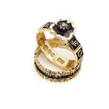 A George IV 18ct gold and enamel ring the central shield set with an old mine cut diamond, IN MEMORY