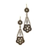 A pair of diamond and sapphire set pendant earrings the small diamond and sapphire set cluster
