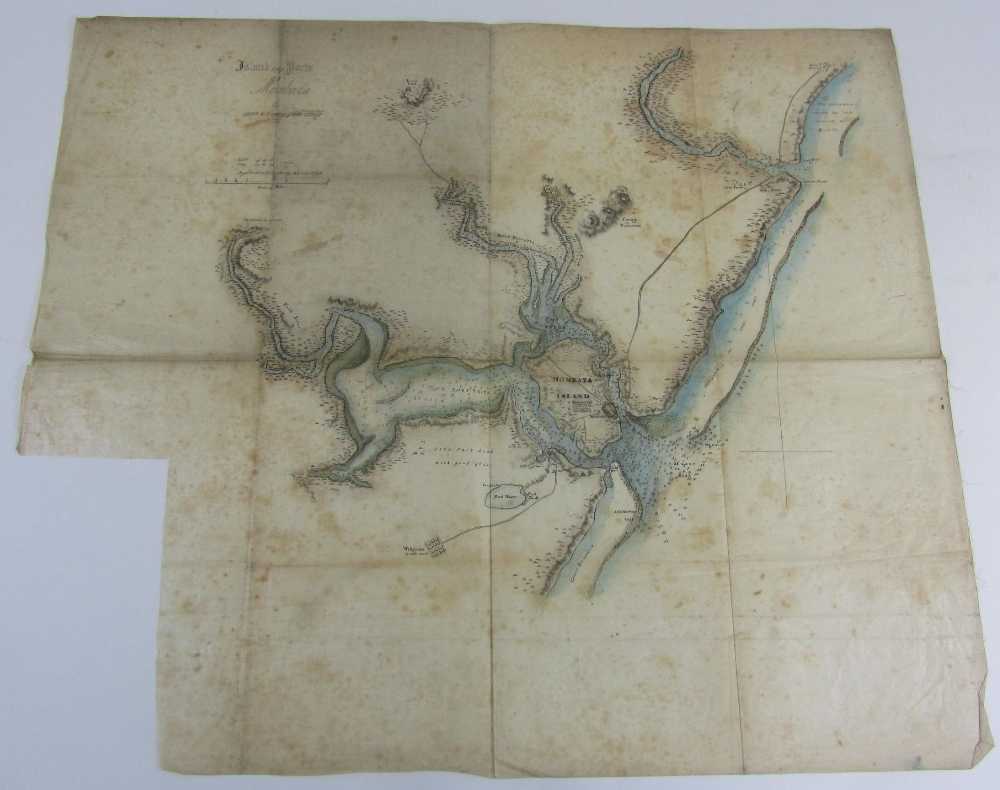 Owen, W.E.  Island and ports of Monbaza by Capt. W.E. Owen of H.M.S. Leven, manuscript map of