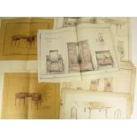 Furniture designs  2 watercolours, 15 hand-coloured lithographed plates of sideboards, chairs,
