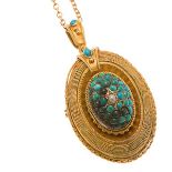 A late Victorian turquoise and pearl set pendantmodelled in unmarked yellow metal, of oval outline