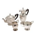 A matched four piece tea setTB&S, Sheffield 1923-24, of octagonal baluster form, comprising: teapot,