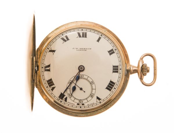 J W BENSON - A 9ct gold demi-hunter cased pocket watchkeyless wind, circa 1930, of slim line form,