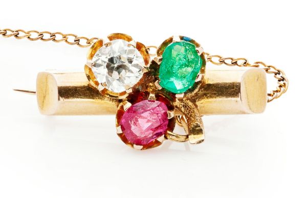 A diamond, emerald and ruby set broochthe yellow metal bar with applied shamrock motif, each leaf - Image 2 of 2