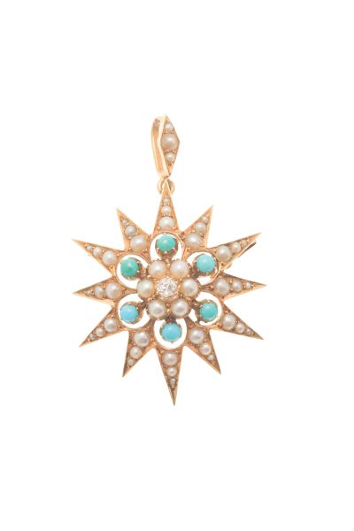 An Edwardian pearl, turquoise and diamond set brooch/pendantof star shape, stamped 15ct, small