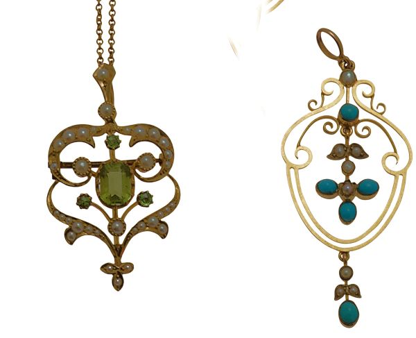 Two Victorian gold, pearl and gem set pendantsthe first of scrolling form, seed pearl set border