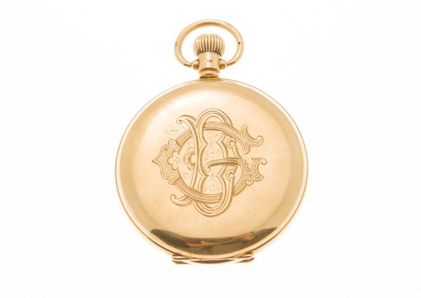 An 18ct gold cased hunter pocket watchkeyless wind, plain case, engraved monogram, white enamel