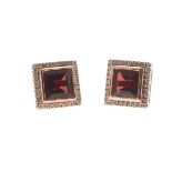 A pair of garnet and diamond set earringscollet set with a square stepped cut garnet, in a single