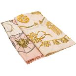 Hermes - Two silk patterned scarfsthe first of cream background with gold detail, titled 'Les