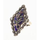 A 19th century multi gem set ringof navette outline, the blue enamel ground with onset ruby and
