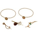 A collection of gem set jewelleryto include two yellow metal bangles, each set with a single citrine