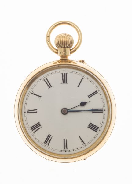 An 18ct gold cased pocket watchopen faced, keyless wind, medium size white enamel dial, Roman