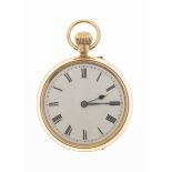 An 18ct gold cased pocket watchopen faced, keyless wind, medium size white enamel dial, Roman