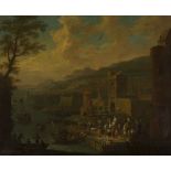 MANNER OF MATHYS SCHOEVAERDTSA BUSY RIVERSIDE PORT WITH FIGURES AND BOAT BY THE QUAYOil on