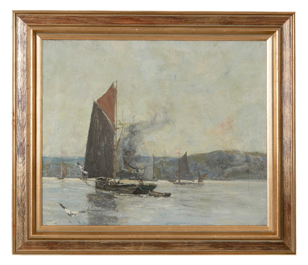 § JAMES KAY R.S.A., R.S.W. (SCOTTISH 1858-1952)BARGES IN THE CLYDEInscribed verso, oil on canvas51cm