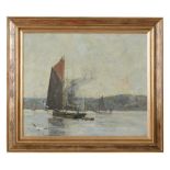 § JAMES KAY R.S.A., R.S.W. (SCOTTISH 1858-1952)BARGES IN THE CLYDEInscribed verso, oil on canvas51cm