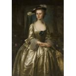 CIRCLE OF JOSEPH HIGHMORETHREE QUARTER LENGTH PORTRAIT OF A LADY IN A ROSE GARDENOil on