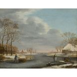 17TH CENTURY DUTCH SCHOOLA WINTER LANDSCAPE WITH FIGURE COLLECTING FIREWOOD ON A FROZEN