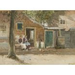 CHARLES PAUL GRUPPE (AMERICAN 1860-1940)GIRLS KNITTING BY THE KITCHEN DOORSigned, watercolour and