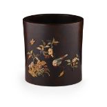 HARDSTONE AND IVORY INLAID HARDWOOD BRUSH POT19TH/20TH CENTURYof cylindrical form, decorated in