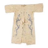 TWO CREAM SILK CASUAL ROBESEARLY 20TH CENTURYembroidered with dragons and flaming pearl, one grey