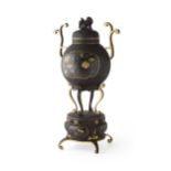 JAPANESE GILT-DECORATED BRONZE CENSER AND COVER, KOROMEIJI PERIODthe bulbous body set on four