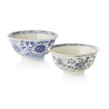 TWO BLUE AND WHITE BOWLSMING DYNASTYthe first decorated with a large peony to the interior and a