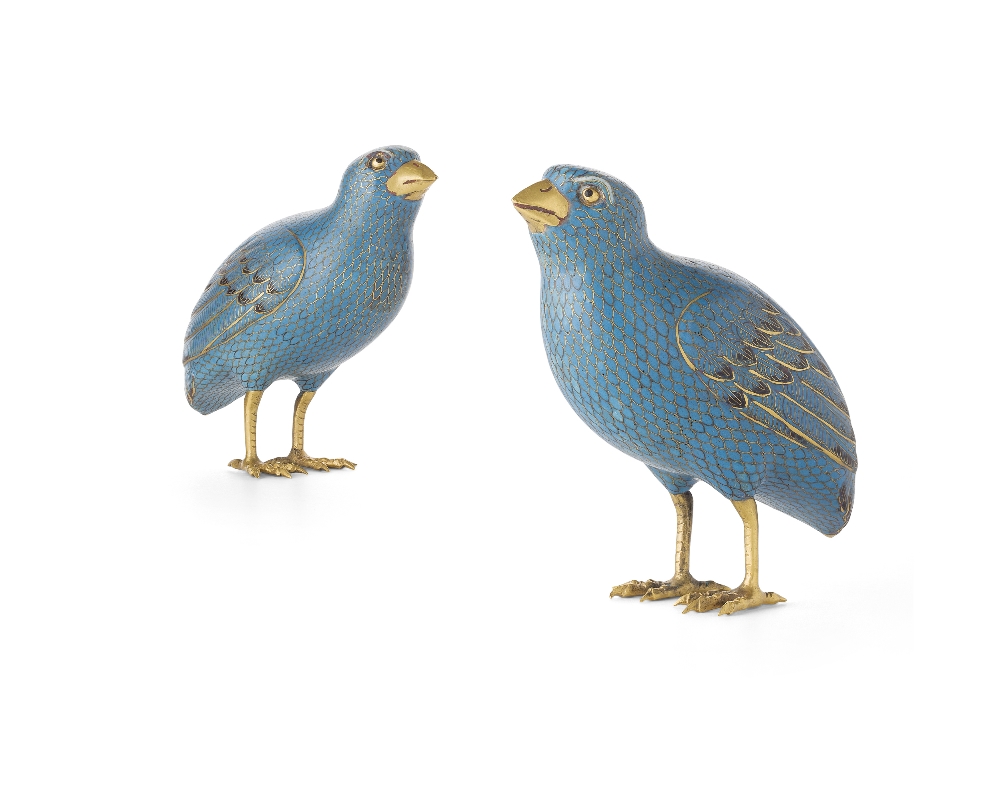 PAIR OF CLOISONNÉ ENAMEL MODELS OF QUAILSQING DYNASTY, 19TH CENTURYmodelled standing with heads