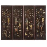 FOUR JADE INLAID LACQUERED PANELSLATE QING DYNASTYeach panel nicely carved and inlaid with