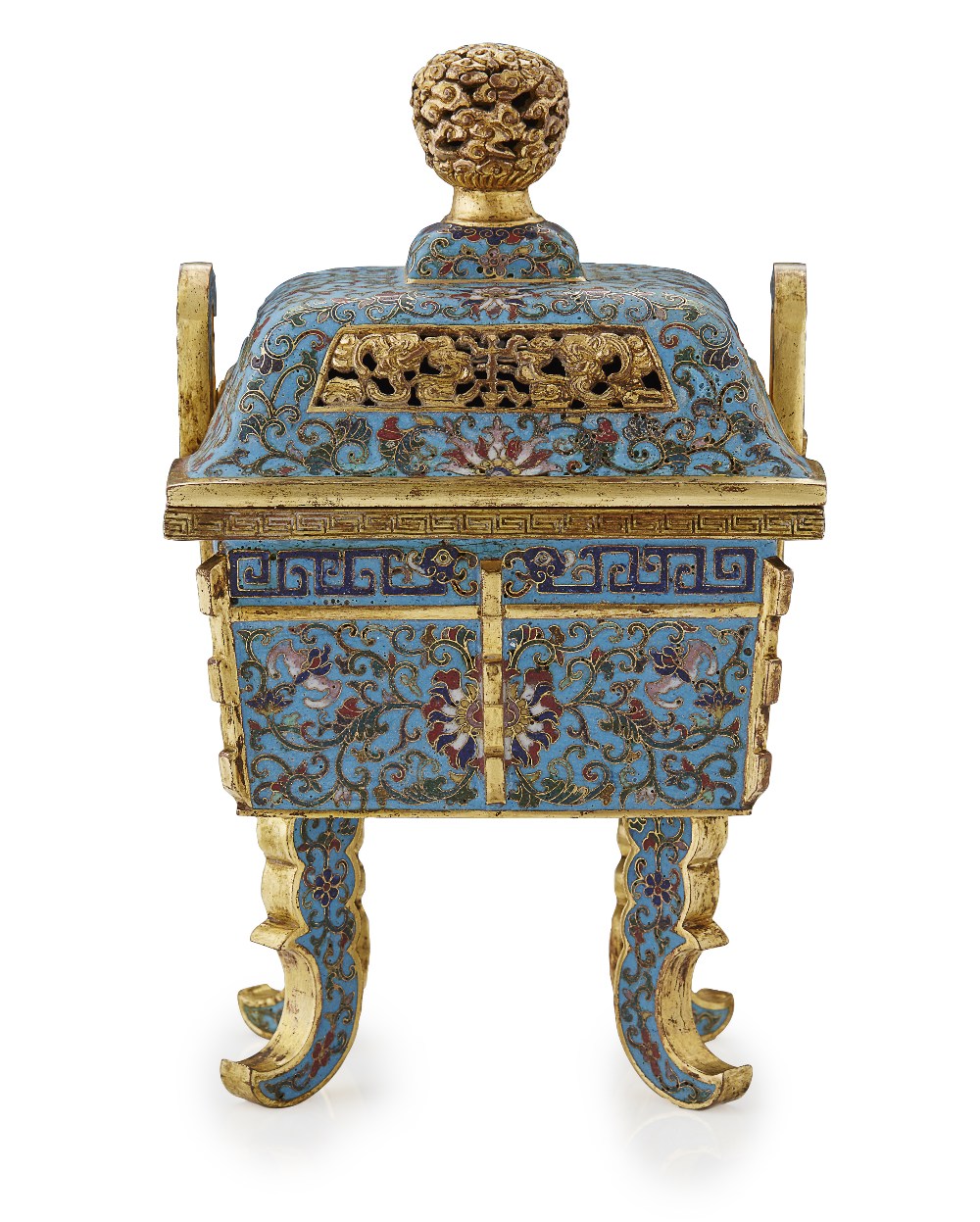 CLOISONNÉ ENAMEL ARCHAISTIC VESSEL AND COVER, FANG DINGQING DYNASTY, 19TH CENTURYof rectangular