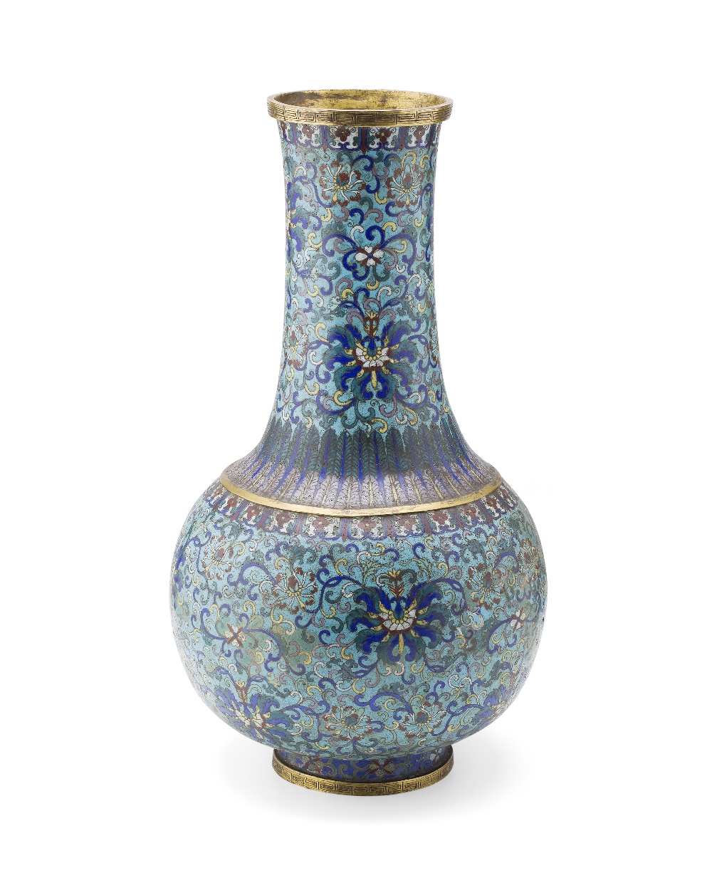 LARGE CLOISONNÉ ENAMEL 'LOTUS' BOTTLE VASEQING DYNASTY, 19TH CENTURYthe globular body enamelled with