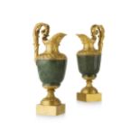 FINE PAIR OF SPINACH JADE AND FRENCH ORMOLU MOUNTED EWERS19TH CENTURY, THE JADE POSSIBLY EARLIEReach