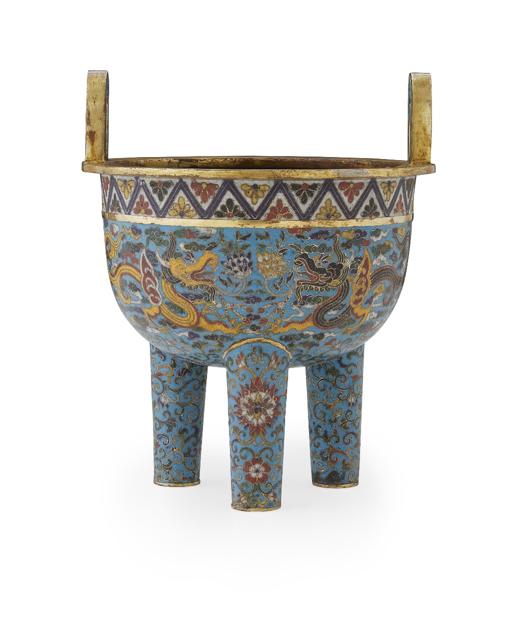 CLOISONNÉ ENAMEL TRIPOD CENSER, DINGQING DYNASTY, 19TH CENTURYthe exterior decorated with two