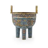 CLOISONNÉ ENAMEL TRIPOD CENSER, DINGQING DYNASTY, 19TH CENTURYthe exterior decorated with two