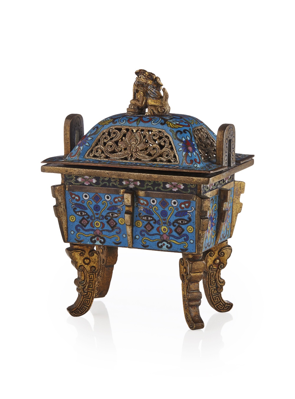 CLOISONNÉ ENAMEL INCENSE BURNER AND COVER, FANG DING18TH/19TH CENTURYof archaistic fang ding form,