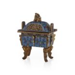 CLOISONNÉ ENAMEL INCENSE BURNER AND COVER, FANG DING18TH/19TH CENTURYof archaistic fang ding form,